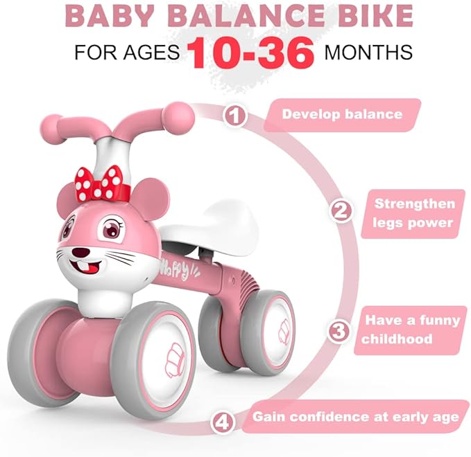 YGJT Baby Balance Bike for 1 + Year Old Boy and Girl, Indoor Outdoor Non-Pedal Baby Walker Toys for 10-36 Months Toddlers, Silent Wheels, 1st Birthday Gift, Kids First Bike Pink Mouse