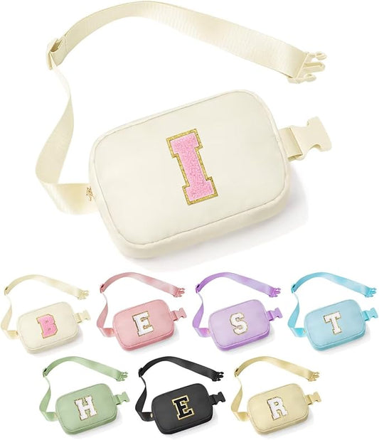 YOOLIFE Initial Crossbody Bags for Teen Girls - Belt Bag Fanny Packs for Girls Sling Bag, White Small Waist Packs Birthday Gifts Travel Accessories Monogrammed Gifts I