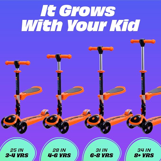 SKIDEE Kick Scooters for Kids Ages 3-5, Adjustable Height Foldable Scooter with Removable Seat, 3 LED Light Wheels, Rear Brake, Wide Standing Board, Suitable Up to 12 Year Old Boys/Girls