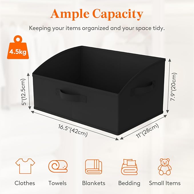 Lifewit Storage Baskets for Shelves, 6 Packs Non-woven Fabric Trapezoid Closet Organizer Bins with Handles, Foldable Clothing Containers Box for Clothes, Toy, Towel, Book, DVD, Hats, Medium-Black
