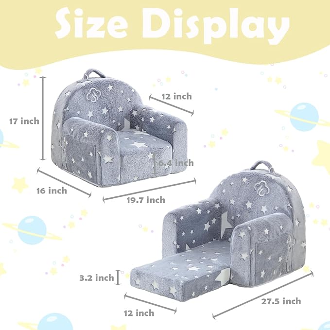 Toddler Chair Comfy,Toddler Couch Fold Out, 2-in-1 Kids Chair,Flip Out Kids Couch,Toddler Sofa Convertible,Children Reading Chair for Age 1-3(Grey Star)