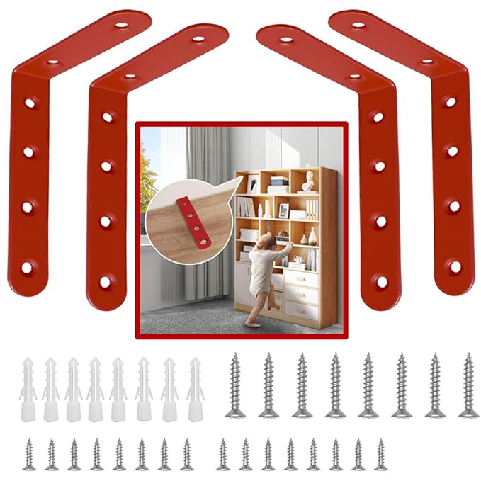 Anti Tip Furniture Anchors for Baby Pet Proofing,Furniture Wall Anchor Furniture Dresser Bookshelf Falling Prevention Device for Children (Red)