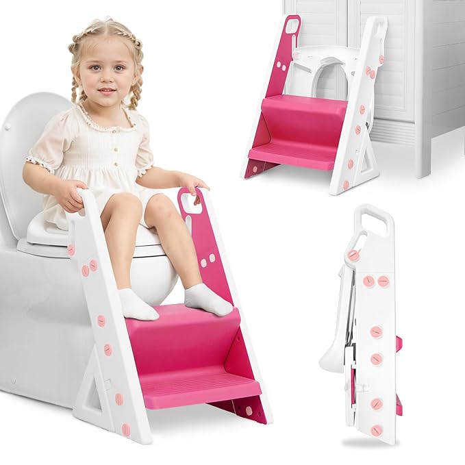 Easy Storage Potty Training Seat with Ladder, Adjustable Step and Toilet Seat Height, Easy-Grip Handles for Climbing, Foldable Portable Toddler Toilet Trainer, Perfect for Small Bathrooms