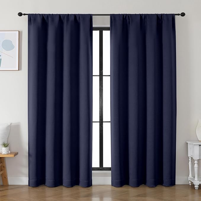 Simplebrand Ava Navy Blue Blackout Curtains for Bedroom 84 Inch Length 2 Panels Set, Solid Thermal Insulated Privacy Living Room Window Treatment Curtains Blackout Drapes, W50 x L84 Inch, Navy Blue