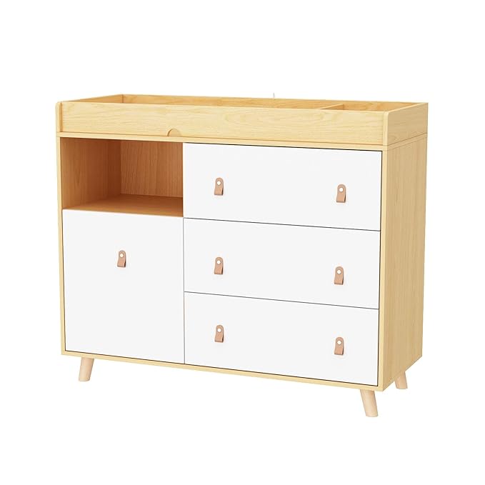 Baby Dresser Changing Table with Drawers,Shelf,Hidden Laundry Basket Storage,2 in 1 Nursery Dresser Chest for Infants, Baby Diaper Changing Station for Daycare,Bedroom,Natural