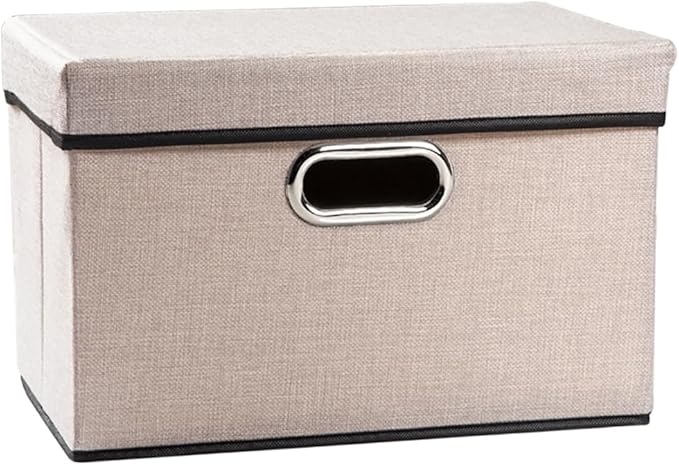 PRANDOM Foldable Storage Bin with Lid [1-Pack] Linen Fabric Decorative Storage Box Organizer Container Basket Cube with Handles Divider for Closet Office Living Room Light Grey(14.9x9.8x9.8)
