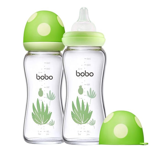 YOHKOH Natural Glass Baby Bottle with Natural Response Nipple, Newborn Anti-Colic Baby Bottles, Wide Neck Mushroom Cap Baby Bottle, Clear (Green, (8.8oz (Pack of 2))