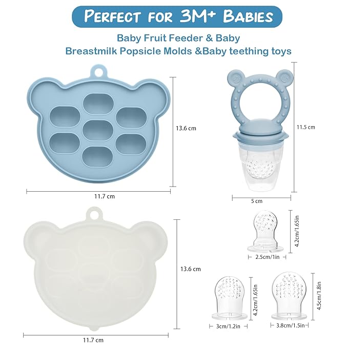 WAJIAYON Baby Breastmilk Popsicle Molds & Fruit Feeder (2 Pack), Baby Food Freezer Tray Storage Containers, Silicone Teething Pacifier Feeder and Teether for Babies - Sky Blue