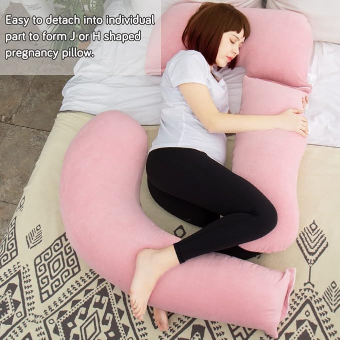 AS AWESLING 60in Full Body Pillow | Nursing, Maternity and Pregnancy Pillow | Extra Large U Shape Pillows with Detachable Side, Separate Support Pillow and Removable Cover Velvet (Light Pink)