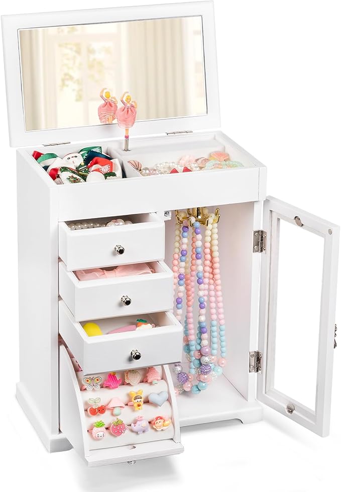 Miratino Jewelry Box for Girls, Kids Jewelry Box with Spinning Dancer, 5 Layer Large Wooden Musical Jewelry Organizer Box Gifts for Little Girls Christmas New Year Birthday Children's Day(White)