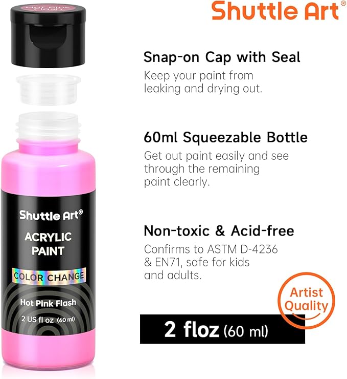 Shuttle Art Color Change Acrylic Paint Set, 16 Colors Chameleon Colors Acrylic Paint in Bottles (60ml/2oz), Non-Toxic for Artists, Beginners and Kids on Rocks, Crafts, Canvas, Wood, Fabric, Ceramic