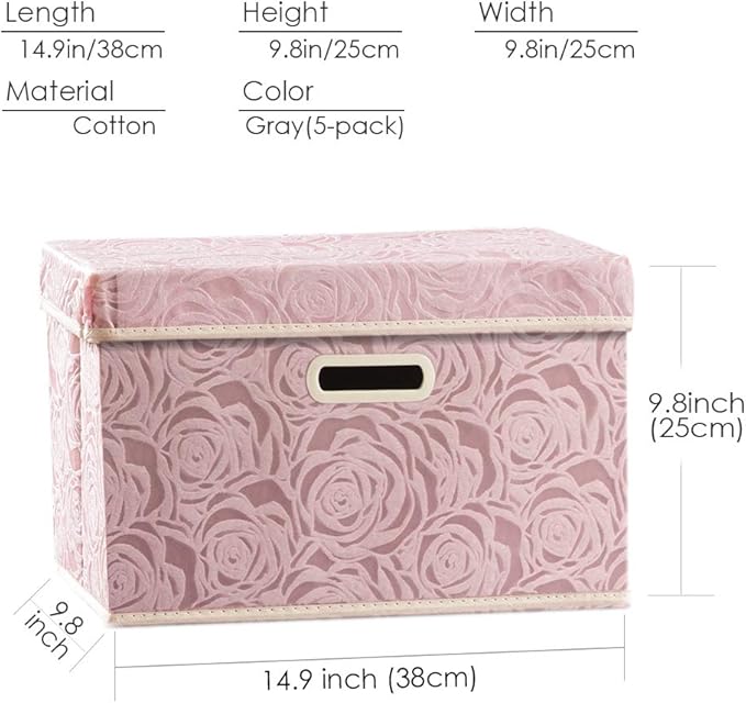 PRANDOM Collapsible Storage Boxes with Lids [5-Pack] Fabric Decorative Storage Bins Cubes Organizer Containers Baskets with Cover Handles Divider for Bedroom Closet Living Room Pink 14.9x9.8x9.8 Inch