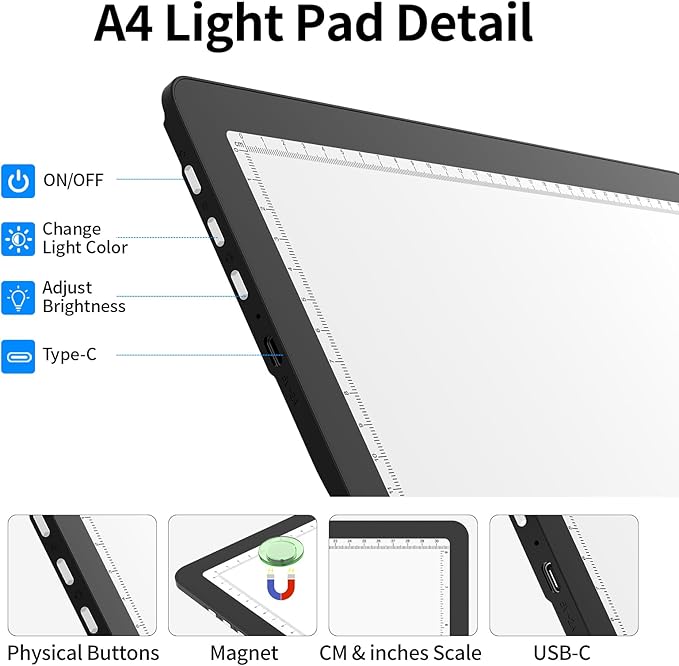 TOHETO Rechargeable A4 Light Board with Stand, Bag, Super Bright Magnetic Light Pad with Side Buttons, Wireless Light Box for Tracing and Drawing, Cordless Light Table for Diamond Painting, Sketching