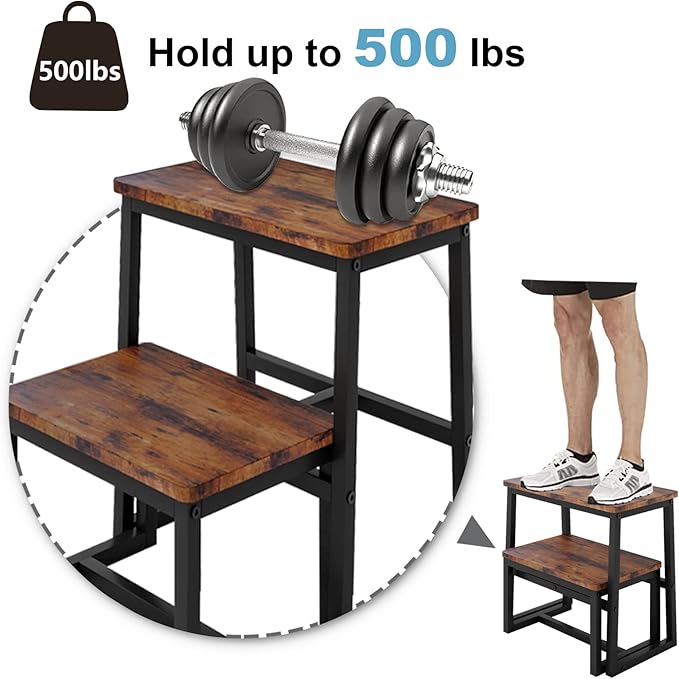 Step Stool for Adults & Kids,Holds up to 500Lb,3 in1 Heavy Duty Sturdy Wooden 2 Stepstool for Kichen/Bathroom/High beds, Metal Frame, Non-Slip Pads