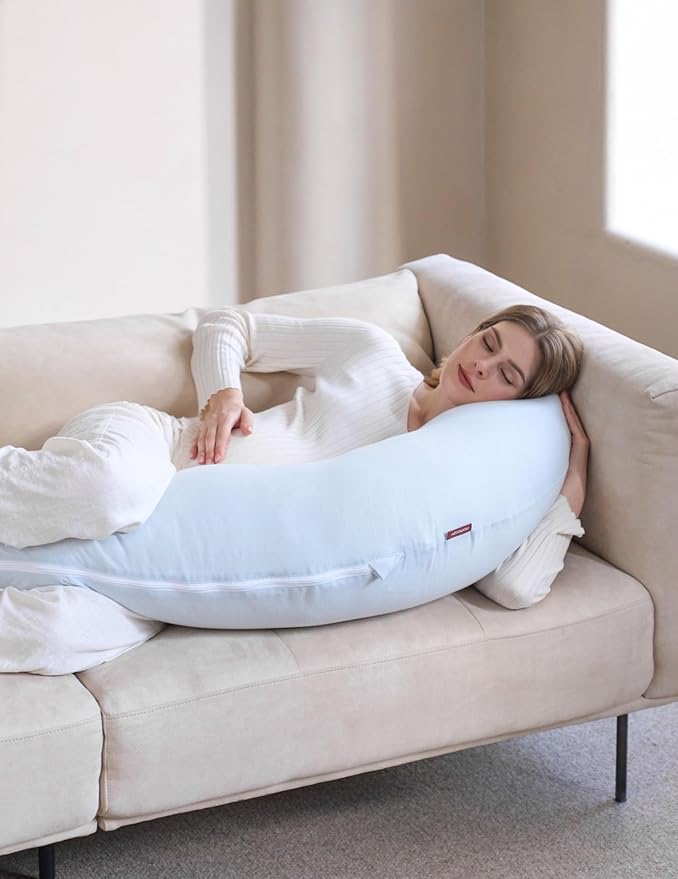 Momcozy Pregnancy Pillows for Side Sleeping, J Shaped Maternity Body Pillow for Pregnancy, Soft Pregnancy Pillow for Head Neck Belly Support, Blue
