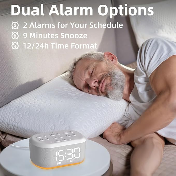 Small Digital Alarm Clock Sound Machine for Bedrooms Brown Noise White Noise Machine Night Light Plug in Desk Clock with 30 Wake up Sounds Alarm Clock for Kids Heavy Sleepers Snooze 32 Levels Volume
