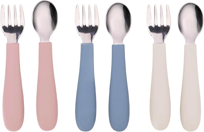 WeeSprout Toddler Utensils, 3 Forks & 3 Spoons, 18/8 Stainless Steel & Food Grade Silicone, Thick Easy-Grip Handles, Perfect Length For New Self Feeders, Gentle On Gums & Teeth, Dishwasher Safe
