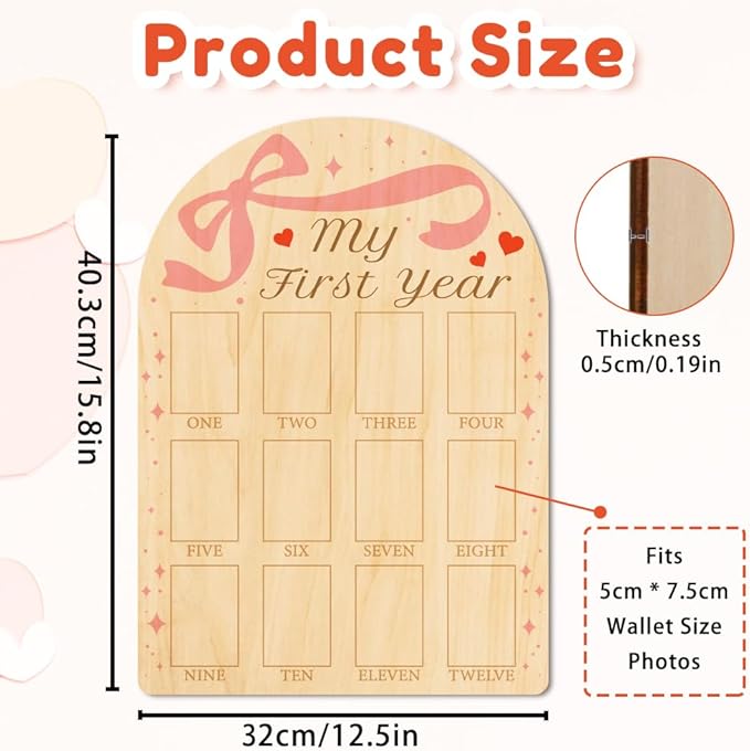 ORIGACH My First Year Baby Growth Photo Display Wood Board - 12 Months Newborn Milestones Photo Board - Neutral Baby Keepsake Frame 1st Birthday Party Nursery Decor New Mom Gift - Bow & Heart