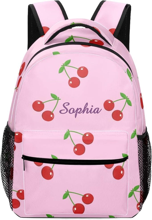 Cherry on Pink Custom Kids Backpack 16.5 Inch for Boy Girl, Personalized Waterproof Child School Travel Bag with Name