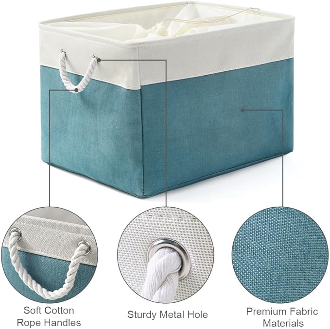 TheWarmHome Storage Bin for Shelves - Extra Jumbo 3 Pack 20.5L×15.7W×13.8H Storage Basket for Organizing, Fabrin Storage cubes with Drawstring Cover for Living Room Bedroom Decor Closet（White & Green