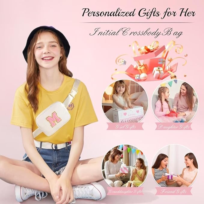 YOOLIFE Birthday Gifts for 3 4 5 6 7 8 9 10 11 12 13 Year Old Girls, Trendy Stuff Gifts for Teen Girls Kids, Initial Crossbody Bag Belt Bag for Women, Beige J