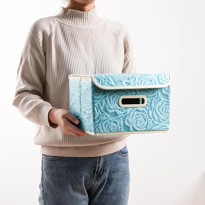 PRANDOM Collapsible Storage Boxes with Lids [5-Pack] Fabric Decorative Storage Bins Cubes Organizer Containers Baskets with Cover Handles Divider for Bedroom Closet Living Room Blue 9.8x7.9x6.7 Inch