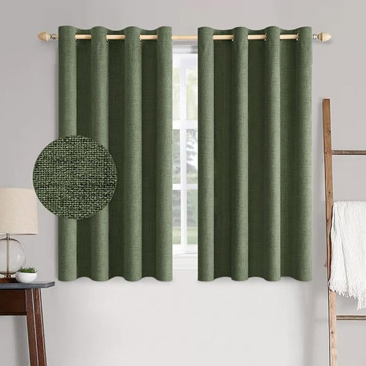 MIULEE 100% Blackout Linen Textured Curtains for Bedroom Solid Thermal Insulated Olive Green Grommet Room Darkening Curtains & Drapes Luxury Decor for Living Room Nursery 52 x 54 Inch (2 Panels)
