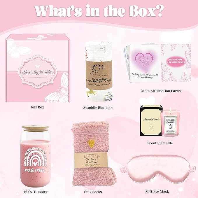 New Mom Gifts, 6 Pcs New Mom Care Package After Baby, Postpartum Gifts for Mama, Pregnancy Gift for Expecting Mother, First Time Mothers Day Gift for New Moms with 16 Oz Glass Cup, Eye Mask