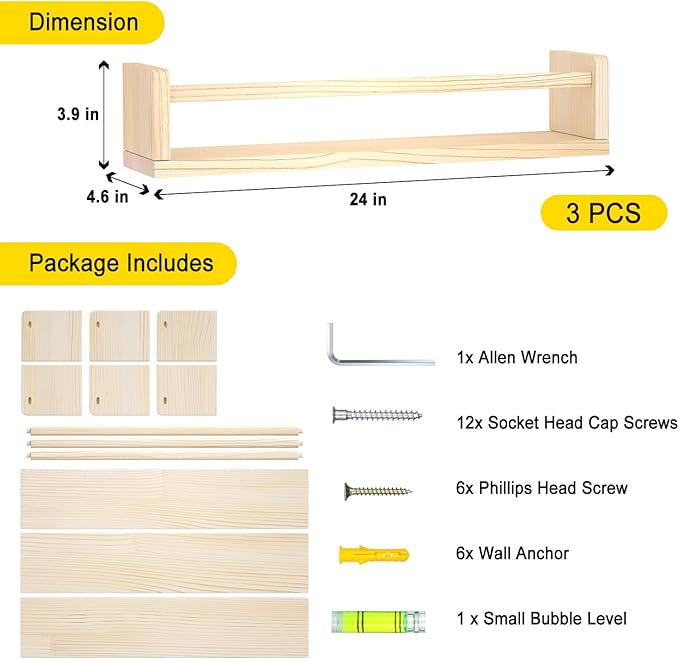 Nursery Floating Shelves for Kids Room, Set of 3 Wall Book Shelves for Kitchen Living Room, Book Shelf Wall Mounted for Baby Kids Bedoom Bathroom (Nature, 24inch Set 3)