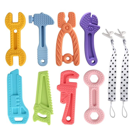 Fu Store 4 Pack Soft Silicone Teething Toys for 0-12Months 6-24 Months Toddlers Infant Hammer Tools Shape Baby Teethers Relief Soothe Babies Gums Set