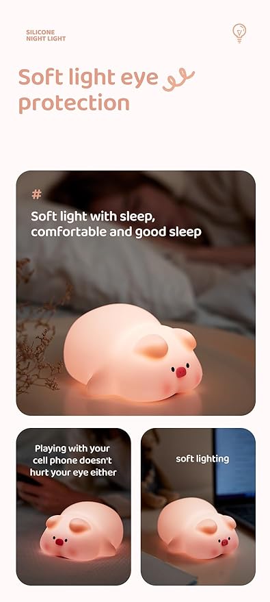 ATSUI Pig Night Light for Kids, Food Grade Silicone, Rechargeable, Tap Fun Kawaii Lamp for Kids Room, Adjustable Brightness, Cute Stuff for Boys Girls, Cute Gifts for Baby Children
