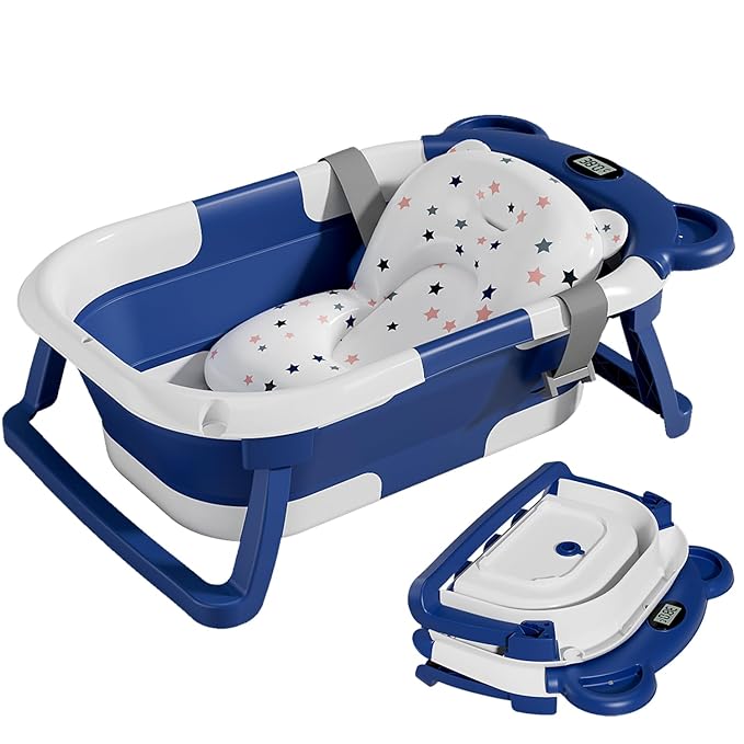 TPN Collapsible Baby Bathtub for Infants to Toddler with Real-time Temp Monitor+Floating Cushion,Foldable Baby Bath Tub Set Applicable 0-36 Month,Perfect Portable Travel Baby Tub for Newborns Boy