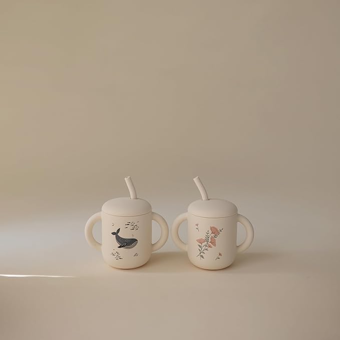 mushie 100% Silicone Training Cup & Straw for Toddlers | 6 Months+ (Pink Flowers)