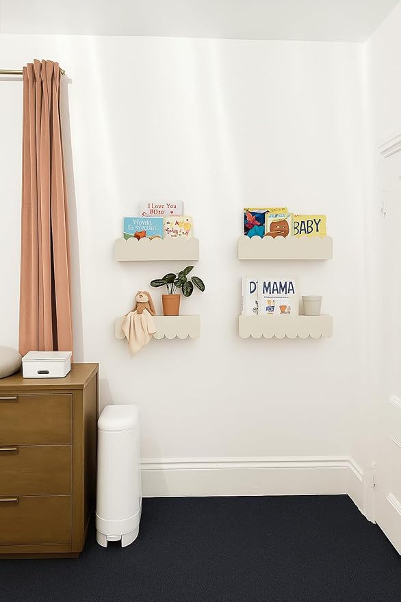 White Floating Cloud Shelves – Set of 2 Scalloped Wooden White Floating Cloud Shelves for Wall, Pre-Assembled Nursery Bookshelves for Baby, Toddler & Kids Room, Montessori Wall Shelf Display