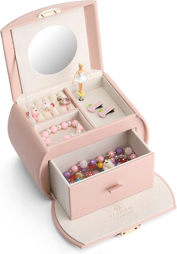 Vlando Musical Jewelry Box with Spinning Ballerina, Lockable Girls’ Jewelry Organizer for Necklaces Rings and Hair Accessories, Gift for Girls and Kids, Pink