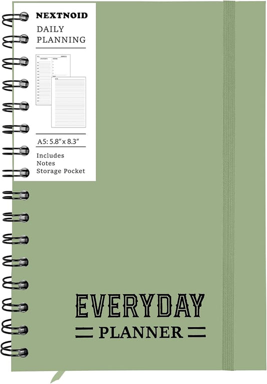 Undated Daily Planner Notebook With Hourly Schedule - Hardcover Appointment Day to do List Notebook for Women & Men - A5 Spiral Green