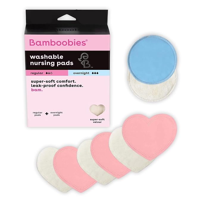 Bamboobies Nursing Pads, Ultra-Soft Velour, Reusable, Washable & Leak-Proof, 6 Ultra-Thin and 2 Overnight Pads for Breastfeeding