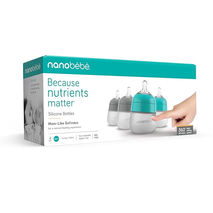 Nanobebe Flexy Silicone Baby Bottle, Anti-Colic, Natural Feel, Non-Collapsing Nipple, Non-Tip Stable Base, Easy to Clean 4-Pack, Grey/Teal, 5 oz