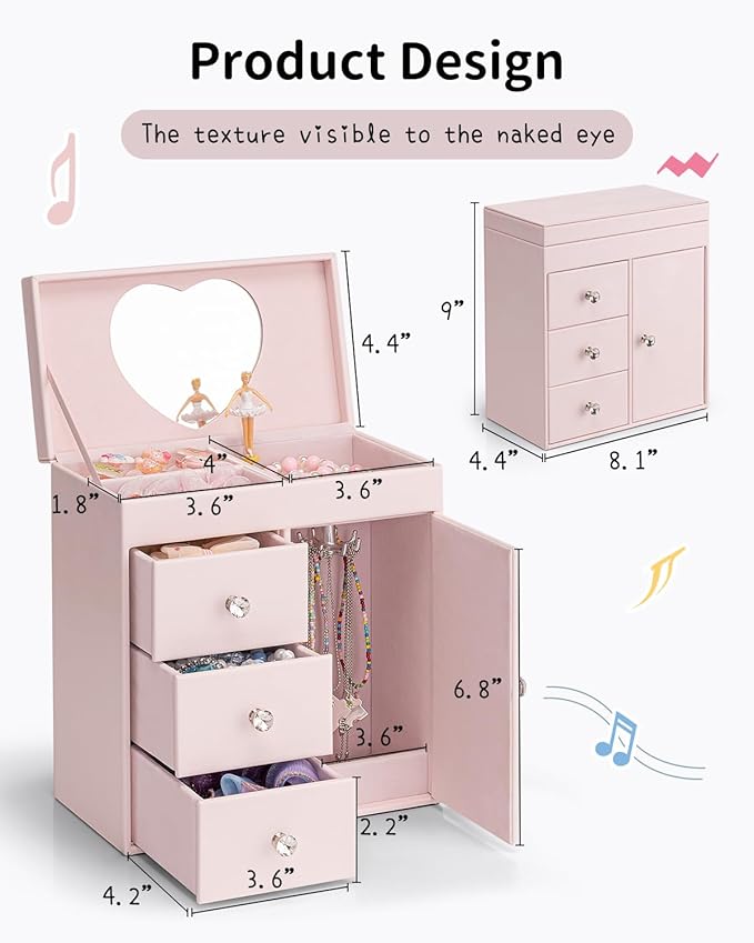 Vlando Musical Jewelry Box for Girls, Large Kid Music Box with Ballerina for Birthday Bedroom Decor, 4 Layer Girl Jewelry Gifts for Girls Kids - Light Pink