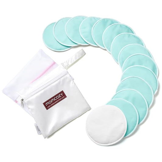Momcozy Reusable Breast Pads, Innovative Use of Absorbent Fabric & 4 Layers of Super Absorbent Core Washable Nursing Pads, Absorb Quickly and Leak-Proof, 14 Pack + Wet & Dry Separation Bag + Wash Bag