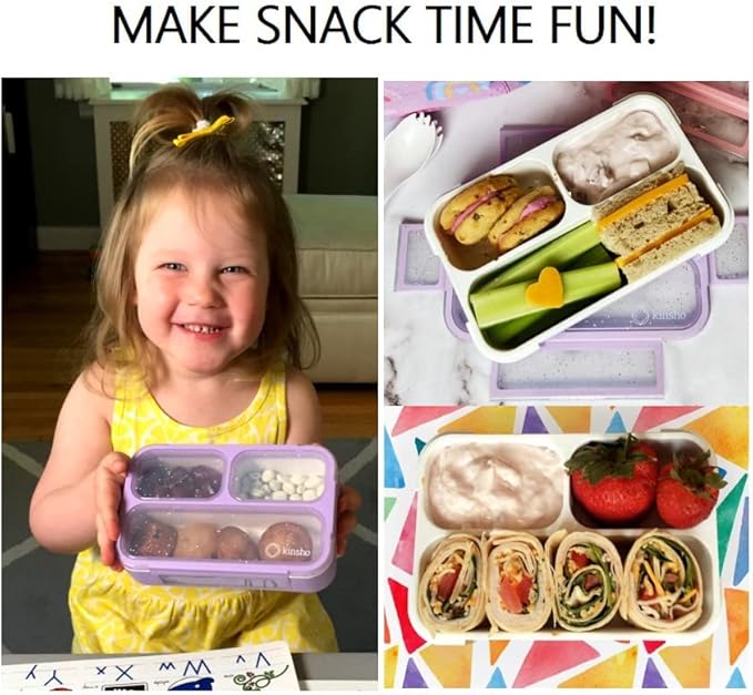 Kids Glitter Snack Container - Mini Bento Lunch-Box, Small Leakproof Container Boxes for Toddlers Girls Snacks Lunches, 3 Compartment - School Daycare Portion Containers, Pink Purple Sparkle Set of 2
