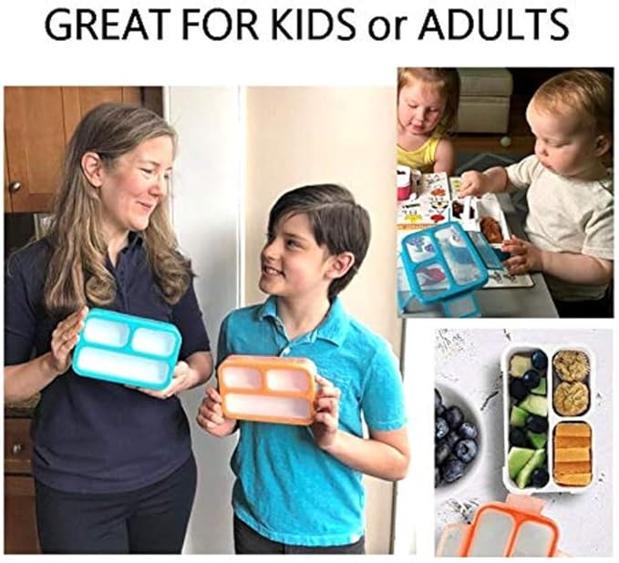 Snack Containers - MINI Bento Box, Small Lunch Boxes for Kids Toddlers Boys Girls, Leakproof 3 Compartment Containers for Meal or Snacks, Day-Care Pre-School Travel, BPA Free, 2 Pack Set Coral Blue