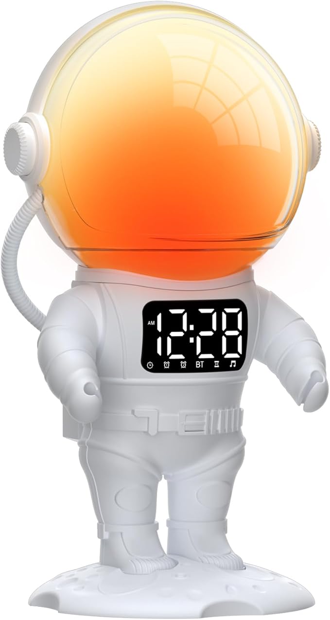 Astronaut Sunrise Alarm Clock for Kids, White Noise Sound Machine with 30 Soothing Sounds, 22 Dimmable Nightlights, Bluetooth Speaker, Dual Digital Alarm Clocks, Wake Up Light for Bedroom, Adults