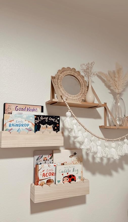 Set of 2 Scalloped Nursery Shelves – Preassembled Floating Cloud Wall Bookshelf for Kids, Baby & Toddler Room – Montessori Nursery Shelves – Kids Wall Book Shelf Display