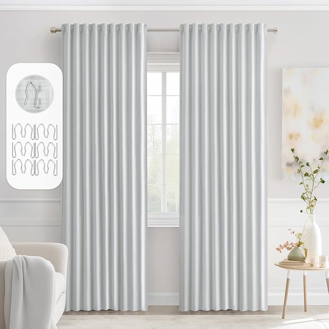 MIULEE Back Tab Light Blocking Curtains 90 Inch Long 2 Panels Set for Living Room Bedroom, Greyish White Rod Pocket/Pinch Pleated Thermal Insulated Room Darkening Blackout Curtains, 52 x 90 Inch