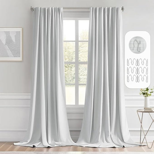MIULEE Back Tab Light Blocking Curtains 96 Inch Long 2 Panels Set for Living Room Bedroom, Greyish White Rod Pocket/Pinch Pleated Thermal Insulated Room Darkening Floor to Ceiling Blackout Drapes