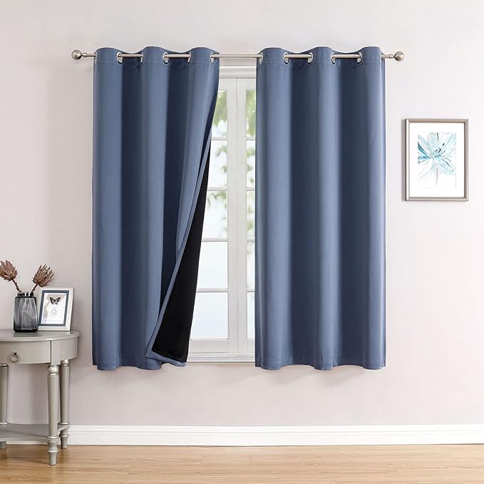 ChrisDowa 100% Blackout Curtains for Bedroom with Black Liner, 2 Thick Layers Total Blackout Thermal Insulated Grommet Small Window Curtains 2 Panels Set (Stone Blue, 42 x 54 Inch)