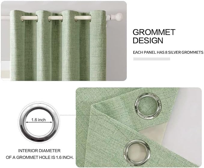 MIULEE Linen Texture Curtains for Bedroom Solid 100% Blackout Thermal Insulated Sage Green Curtains Grommet Room Darkening Drapes for Living Room Nursery 52x96 Inch (2 Panels)