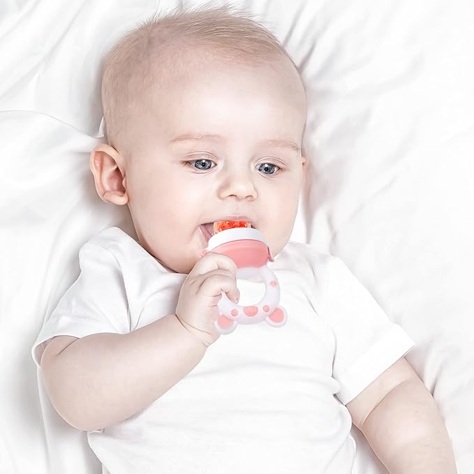 Baby Solids/Frozen Fruit Feeder Pacifier, Infant Teether Toy 4M+, BPA-Free Silicone Pouch & Nipple, Safely Introduce Solids, Teething Relief, 2-Pack (Bear - Purple Pink White, S/M/L)