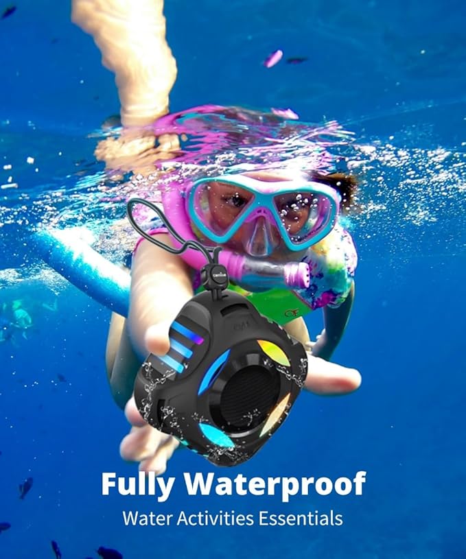 comiso Waterproof Speaker with Robust Bass, Shower Speaker with Dynamic Light, TWS Mode, Loud HD Sound, IP67 Waterproof, 2000mAh, Portable Wireless Speakers for Home, Outdoor/Kayak, Gift for Unisex.
